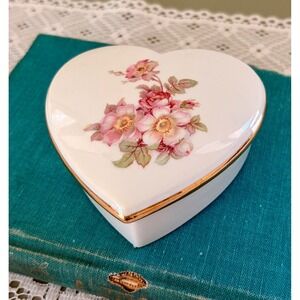 Vintage Bavaria Western Germany Porcelain Heart Trinket Box Pink Floral Gold Rim